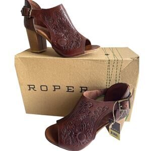Roper Mika Mules Womens 7 Floral Tooled Leather Closed Back Buckle Peep Toe